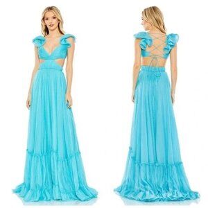 Mac Duggal 70254 Ruched Ruffled Cut Out Lace Up Gown Maxi Dress Turquoise Size 4